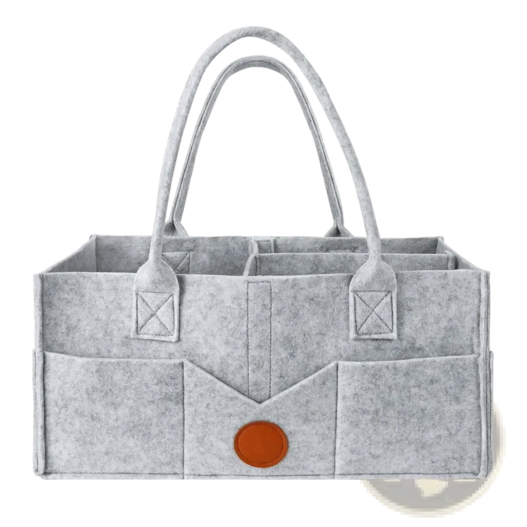 Light gray felt diaper caddy organizer tote bag with dual handles and contrasting brown circular accent
