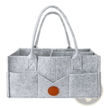 Light gray felt diaper caddy organizer tote bag with dual handles and contrasting brown circular accent