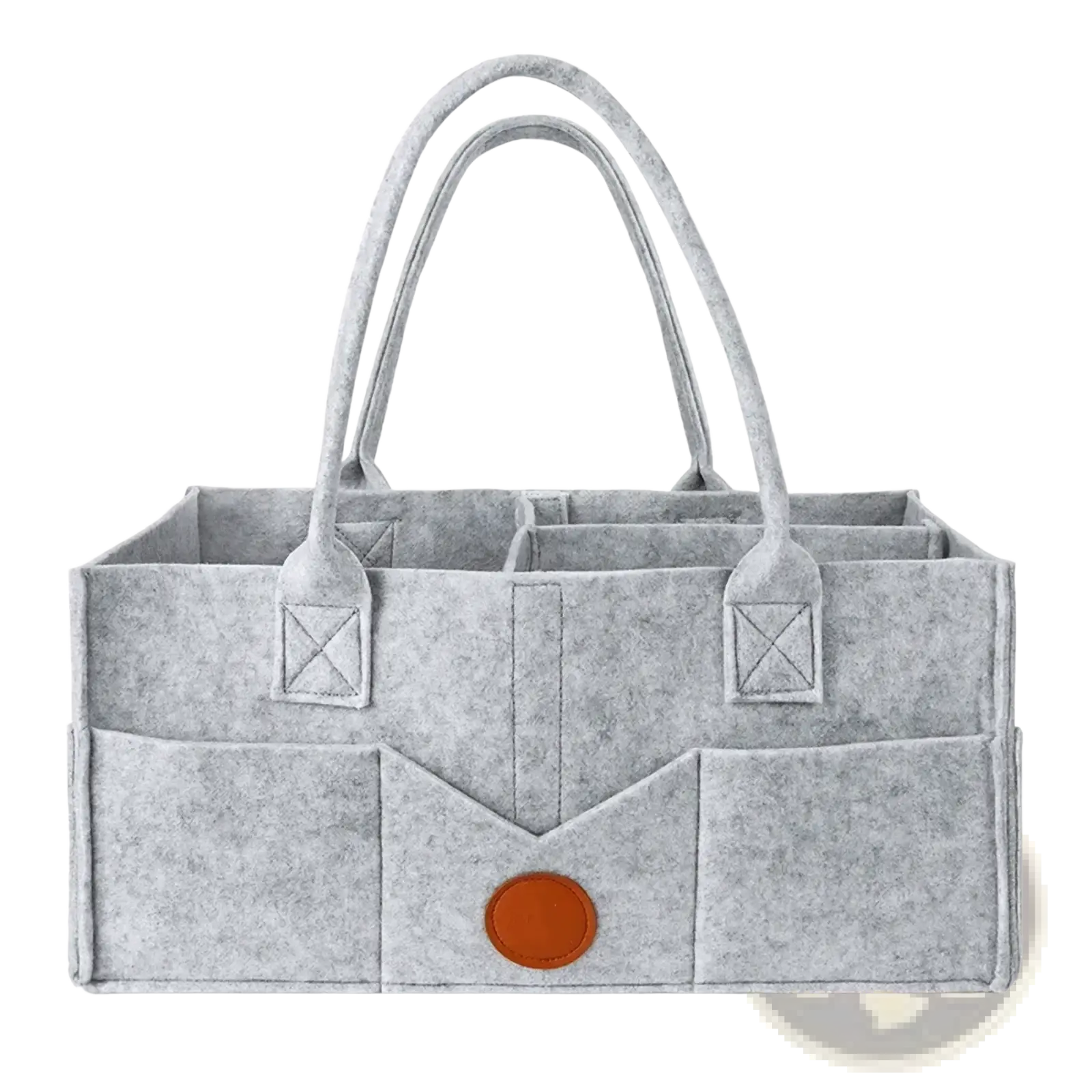Light gray felt diaper caddy organizer tote bag with dual handles and contrasting brown circular accent