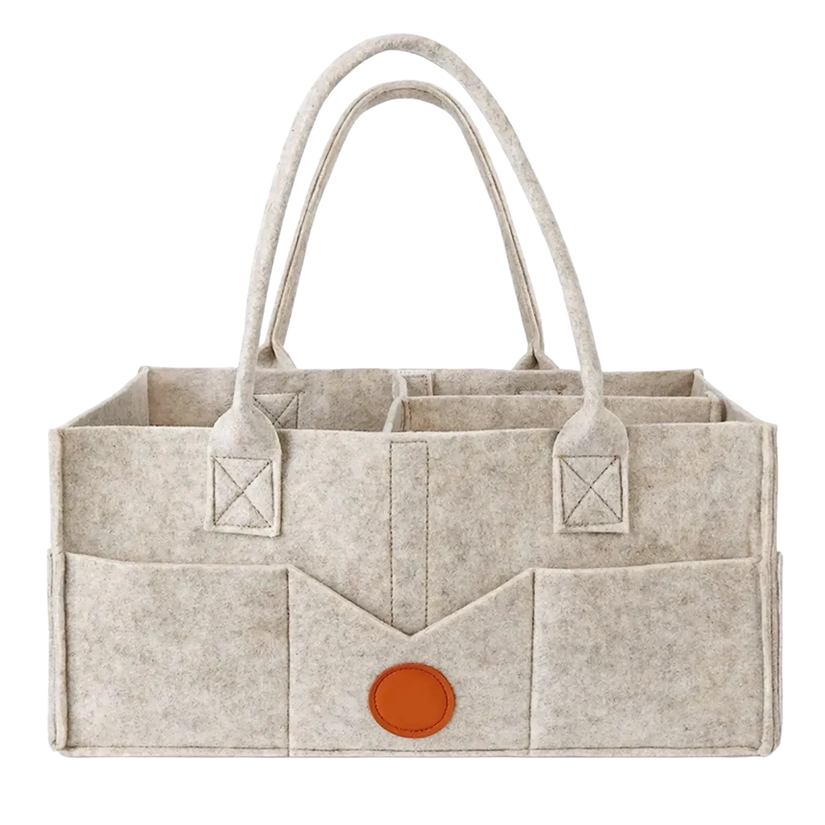 Beige felt diaper caddy organizer tote bag with orange circular accent and stitched handles for nursery storage