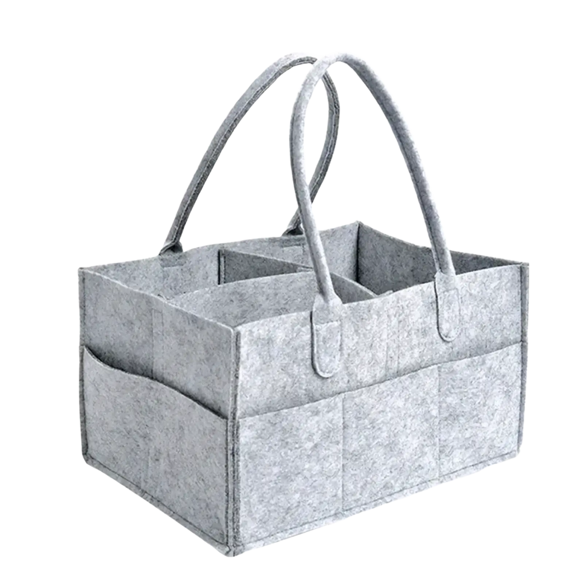 Gray felt diaper caddy organizer tote bag with dual handles and multiple compartments for efficient storage