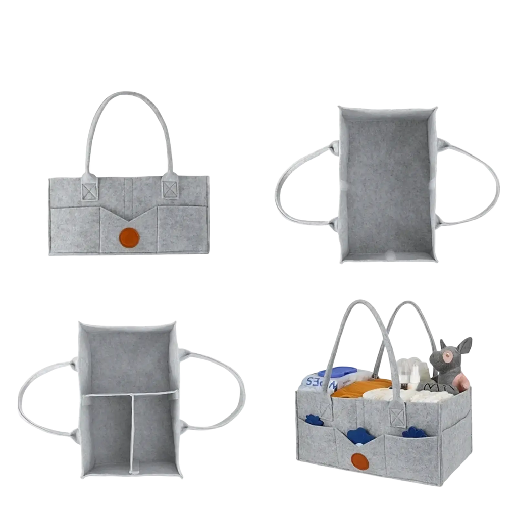 Gray felt diaper caddy organizer tote bag with orange button accent and dual handles for baby essentials storage