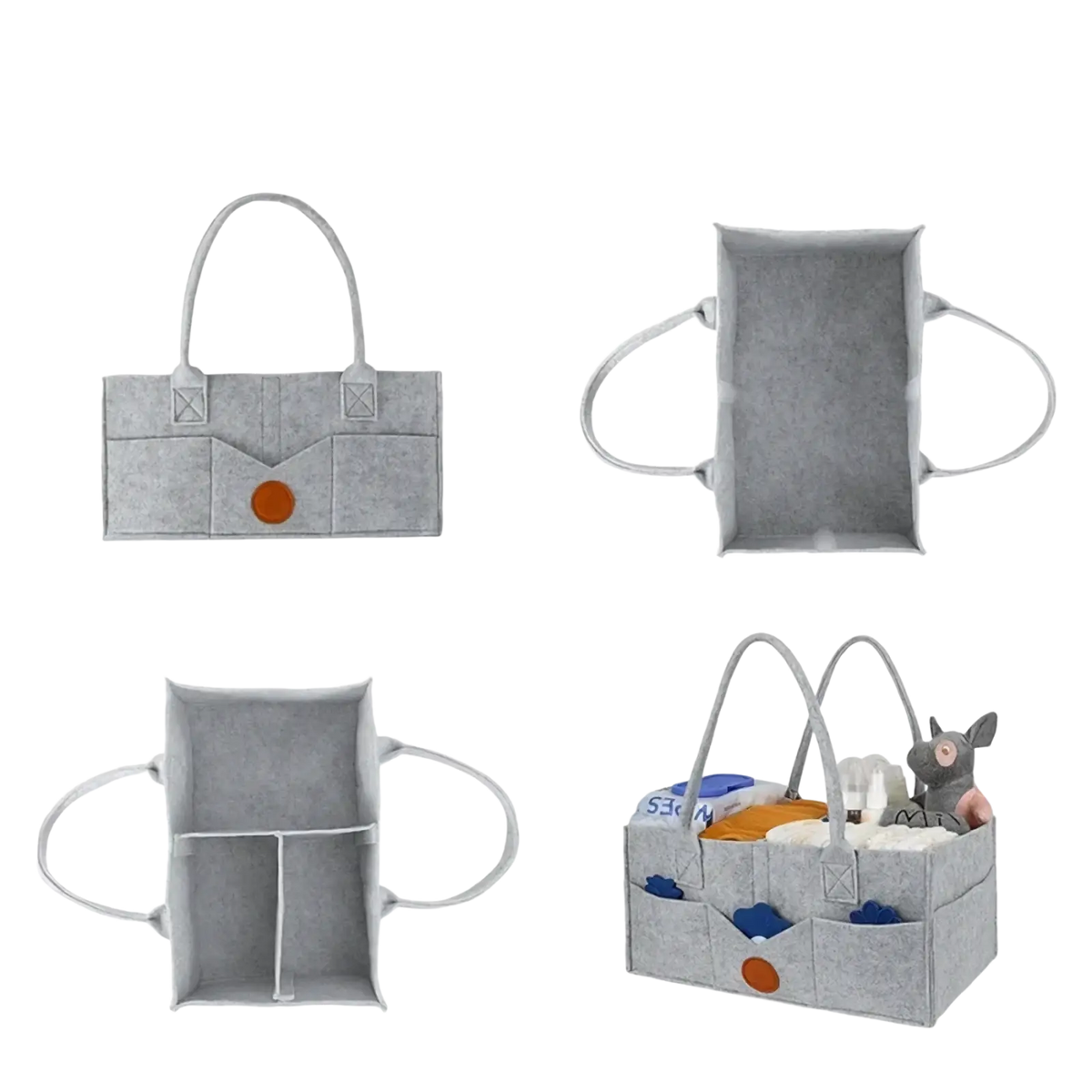 Gray felt diaper caddy organizer tote bag with orange button accent and dual handles for baby essentials storage