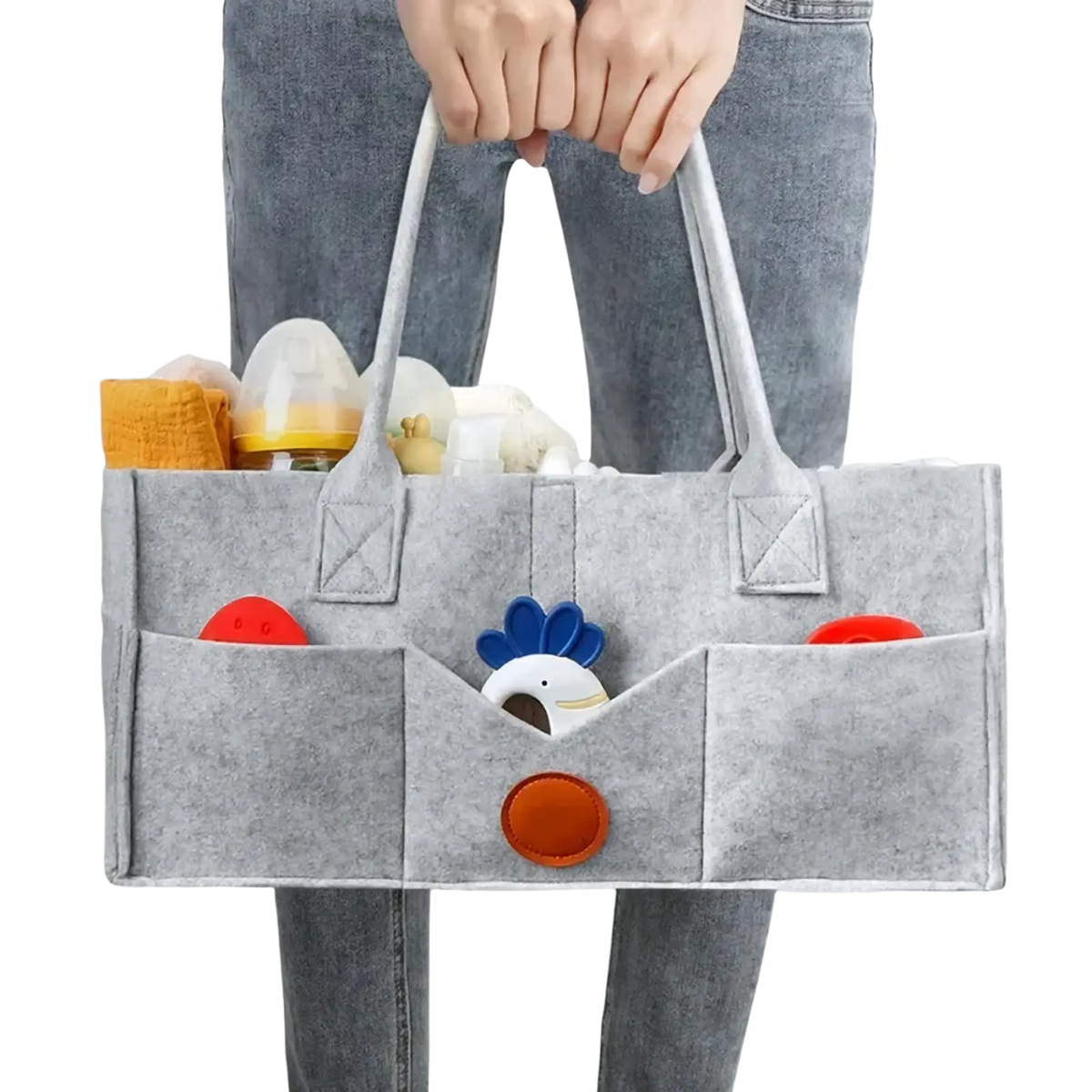 Gray felt diaper caddy organizer tote bag with multiple pockets featuring blue and white chick toy in center pocket