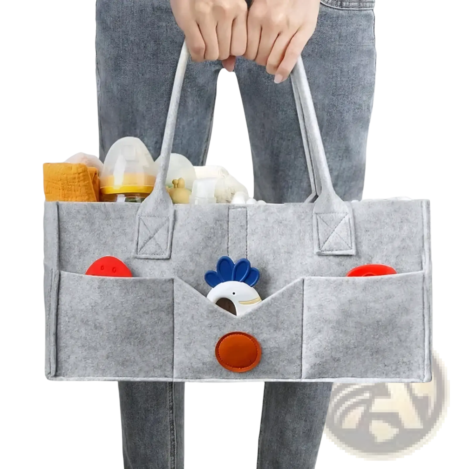 Gray felt diaper caddy organizer tote bag with multiple pockets featuring blue and white chick toy in center pocket