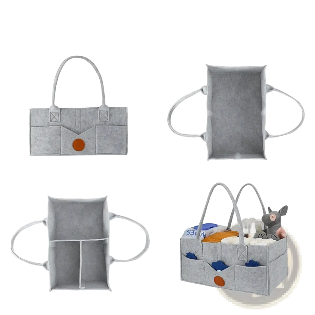 Gray felt diaper caddy organizer tote bag with orange button accent and dual handles for baby essentials storage