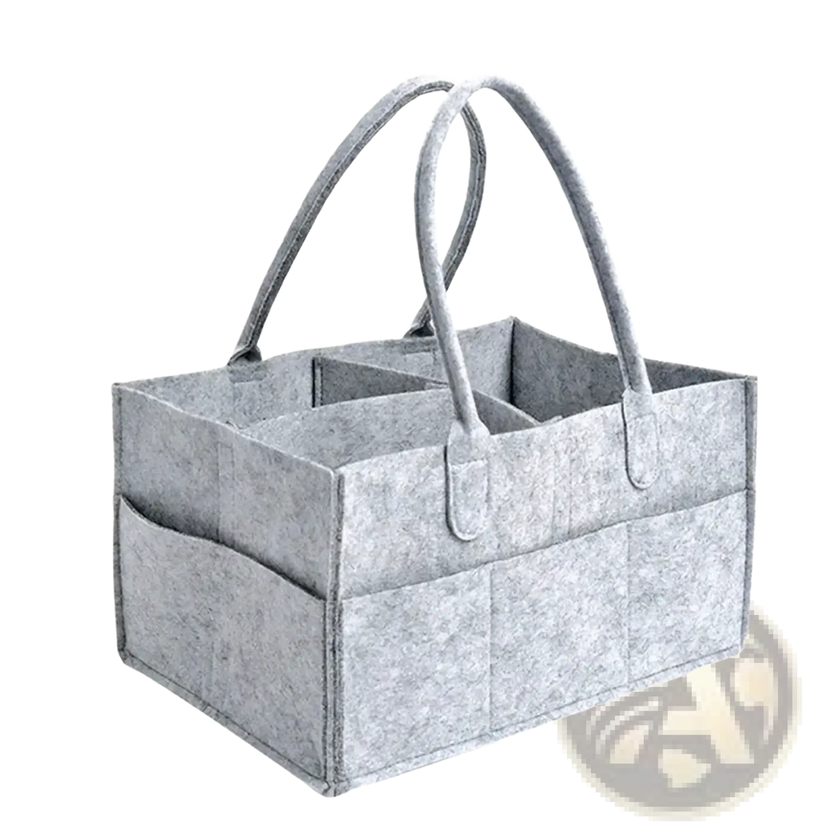 Gray felt diaper caddy organizer tote bag with dual handles and multiple compartments for efficient storage