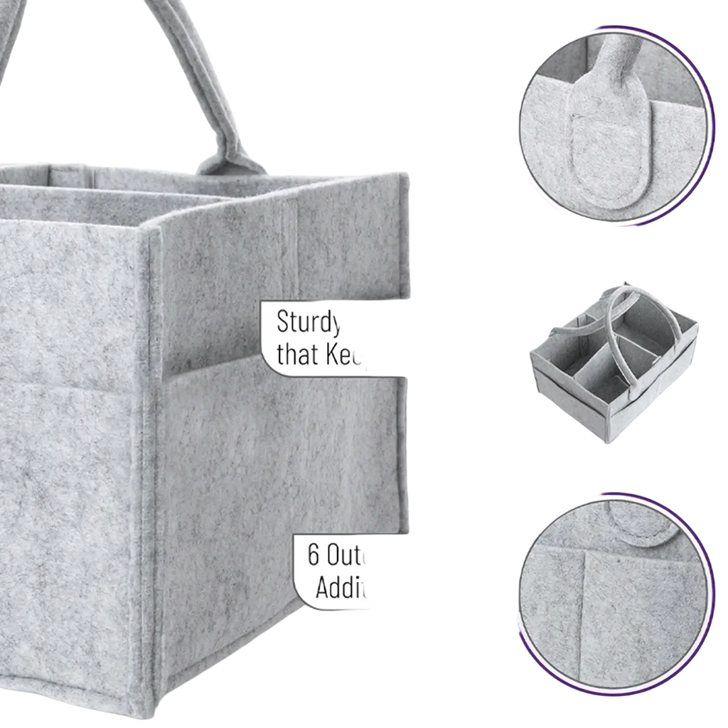 Gray felt diaper caddy organizer tote bag with sturdy stiff sides and six outer pockets for additional organization