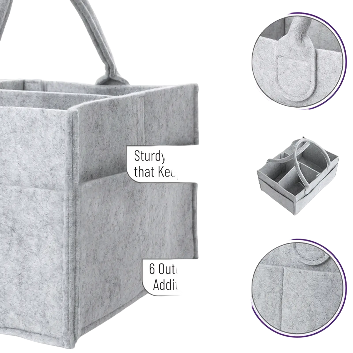 Gray felt diaper caddy organizer tote bag with sturdy stiff sides and six outer pockets for additional organization