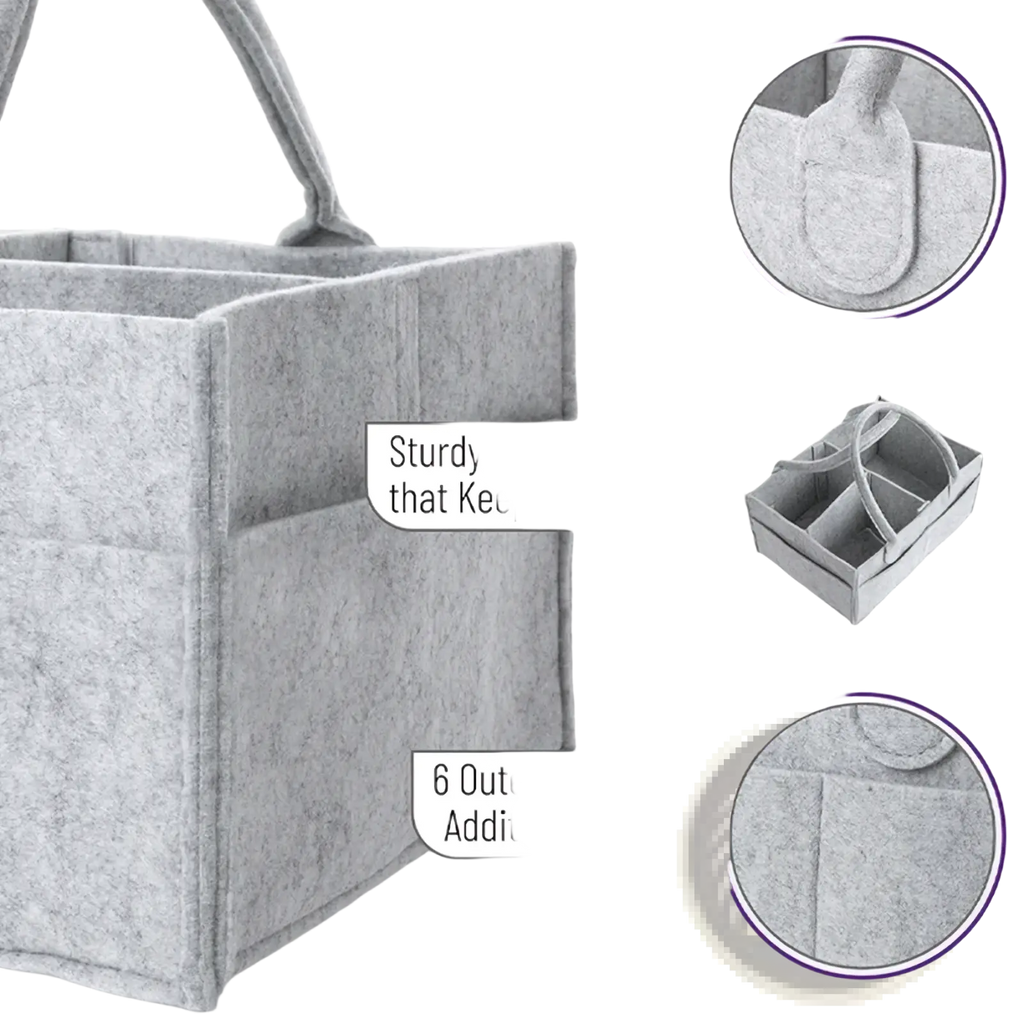 Gray felt diaper caddy organizer tote bag with sturdy stiff sides and six outer pockets for additional organization
