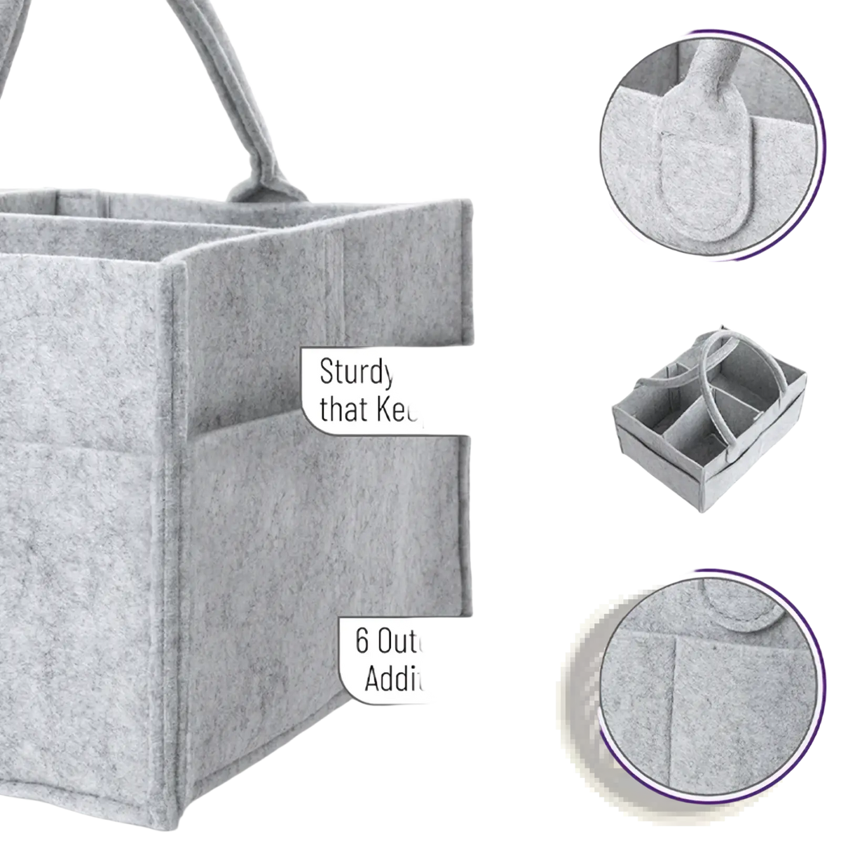 Gray felt diaper caddy organizer tote bag with sturdy stiff sides and six outer pockets for additional organization