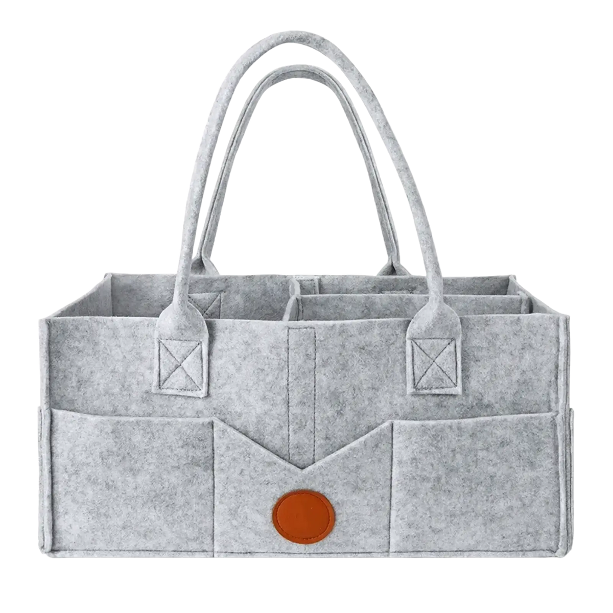 Light gray felt diaper caddy organizer tote bag with dual handles and contrasting brown circular accent