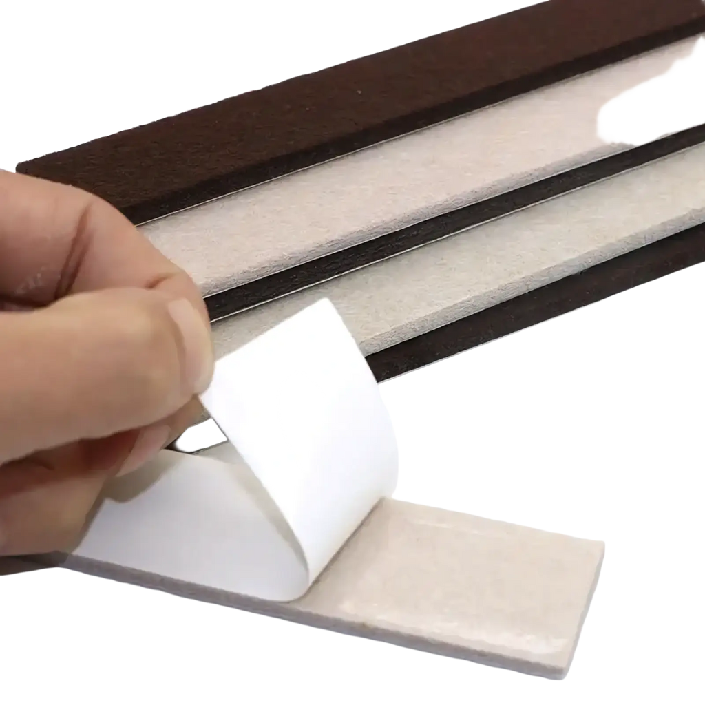 Brown and beige felt furniture pads 5mm floor protector with adhesive strips shown from the back being peeled away