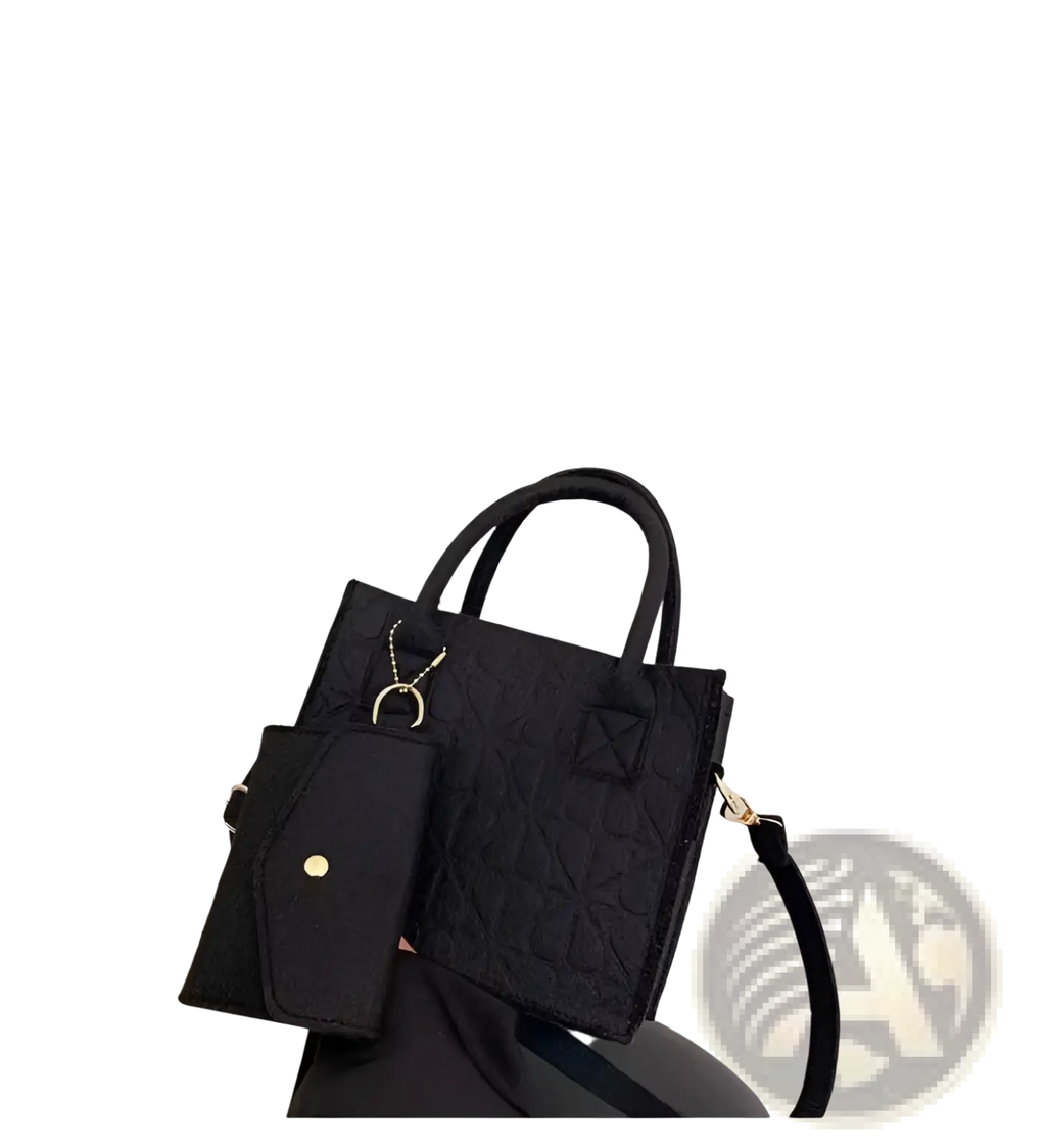 Black quilted felt handbag set with matching wallet attached by chain and adjustable strap for versatile use