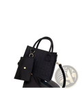 Black quilted felt handbag set with matching wallet attached by chain and adjustable strap for versatile use