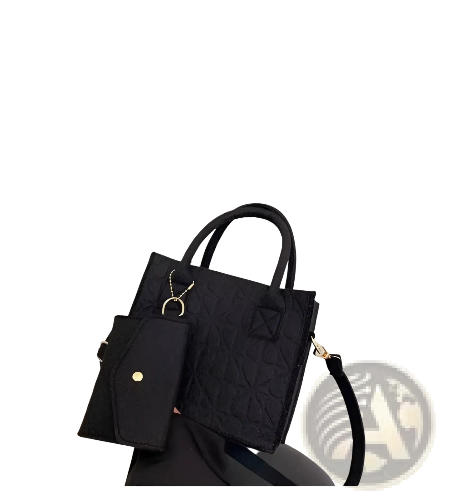 Black quilted felt handbag set with matching wallet attached by chain and adjustable strap for versatile use