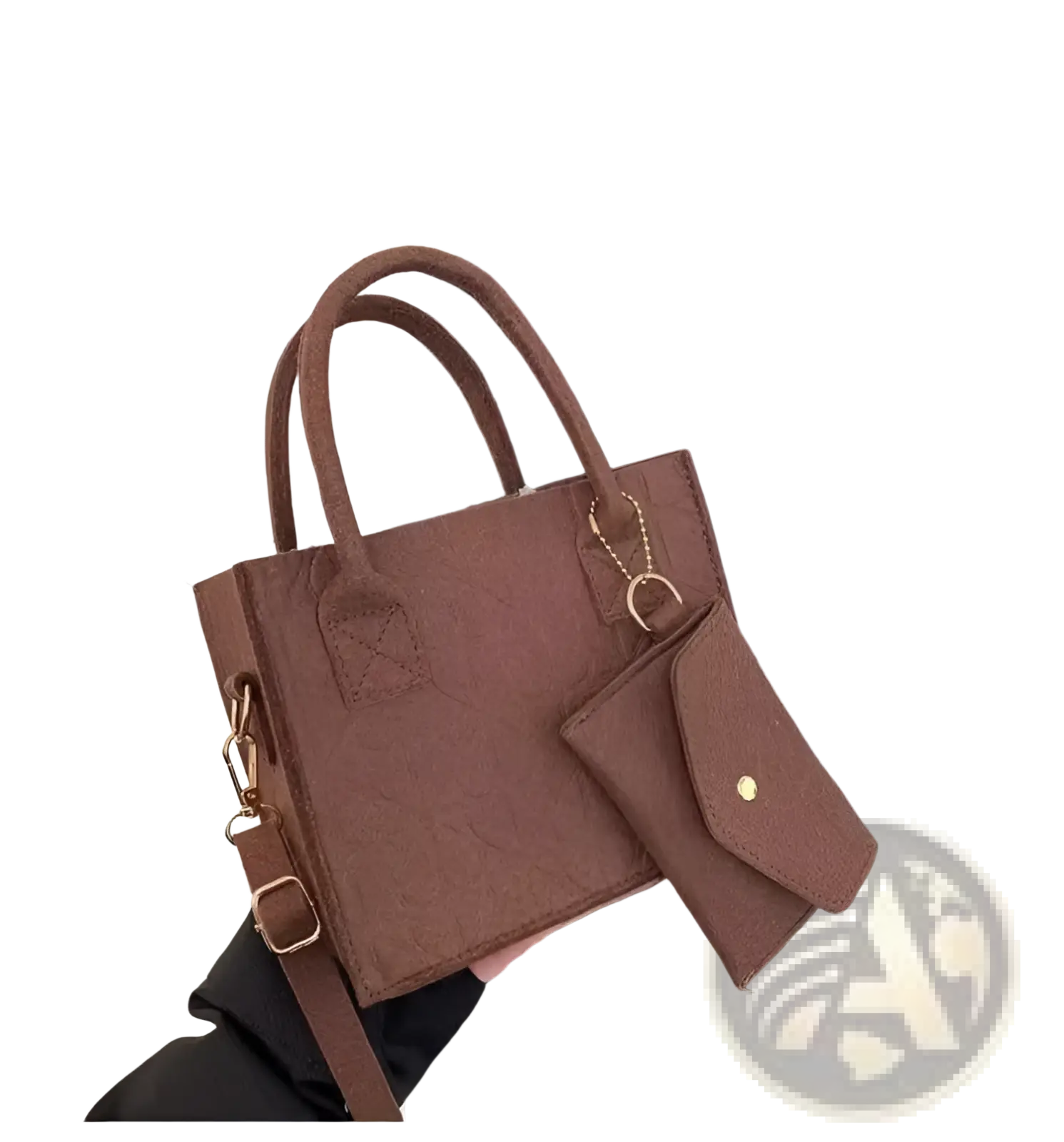 Brown textured faux leather felt handbag set with matching detachable shoulder strap and small coordinating wallet