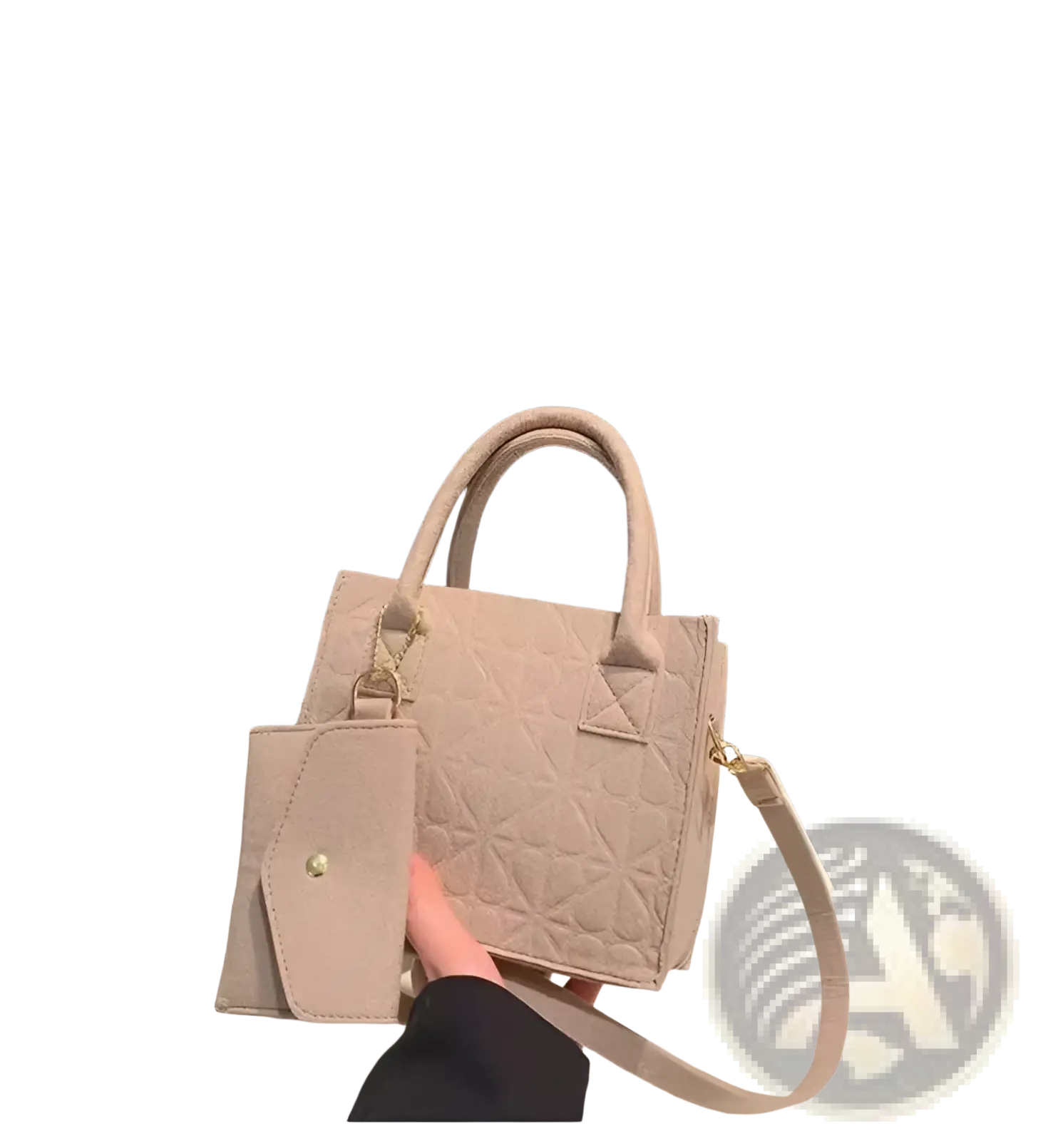Khaki-colored felt quilted handbag set with matching wallet and gold-tone hardware for coordinated style