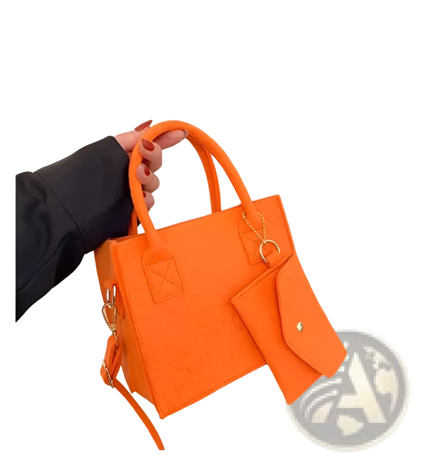 Vibrant orange felt handbag set with quilted pattern includes matching detachable shoulder strap and coordinating small pouch