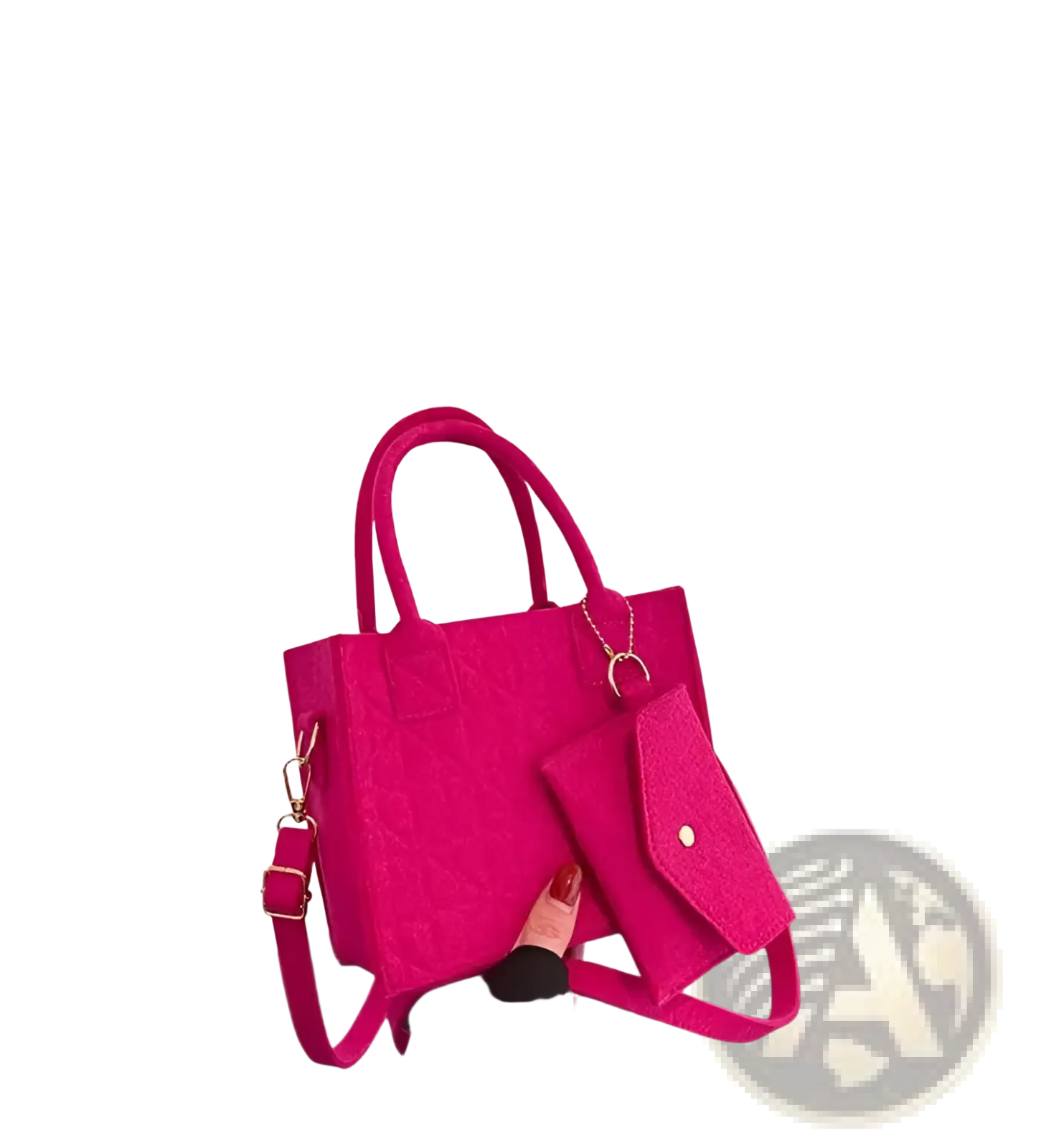 Felt handbag set with matching rose red textured handbag, detachable shoulder strap, and coordinating pink wallet
