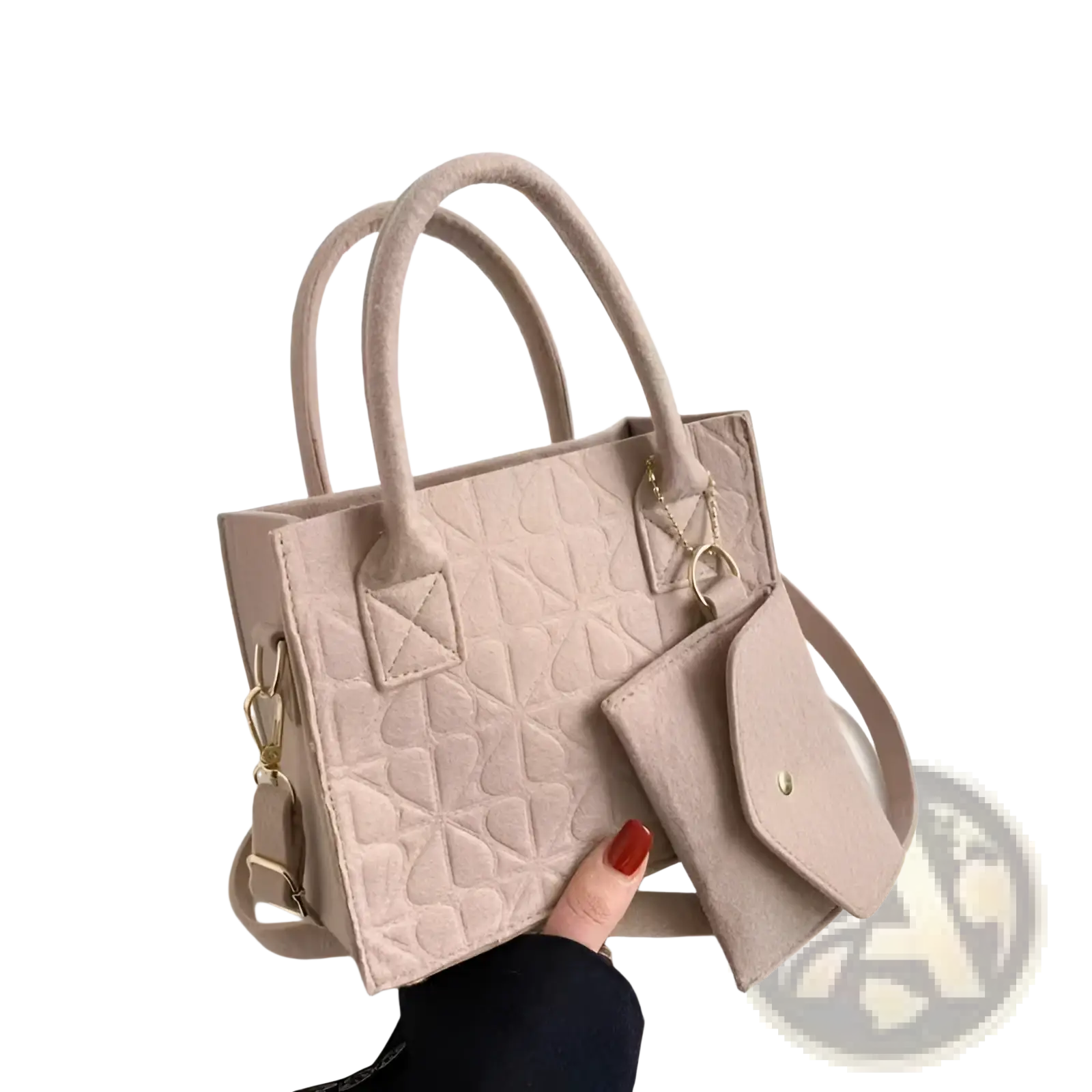 Beige felt handbag set with quilted heart pattern includes matching wallet and adjustable strap for elegant use