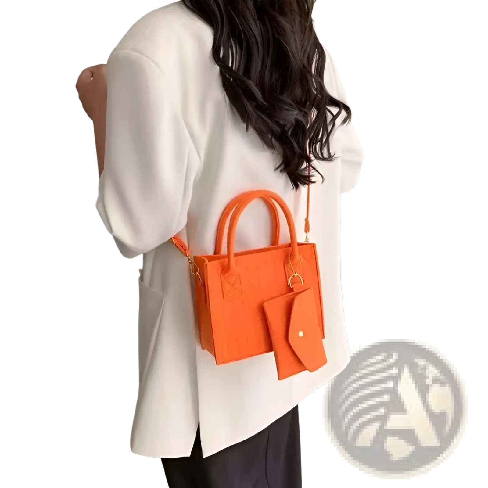 Bright orange felt handbag set with mini tote, matching detachable wallet, strap, and gold tone hardware
