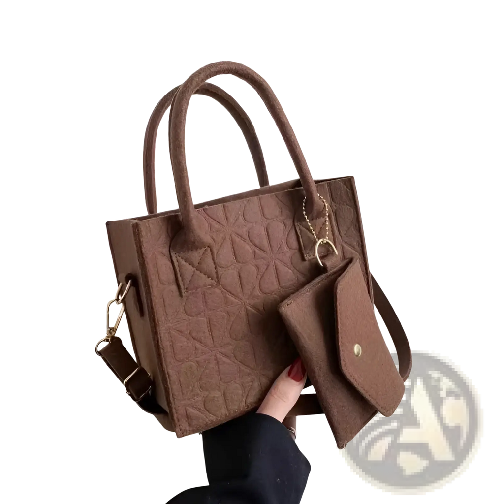 Brown felt handbag set with matching wallet and strap featuring textured material and gold-tone hardware