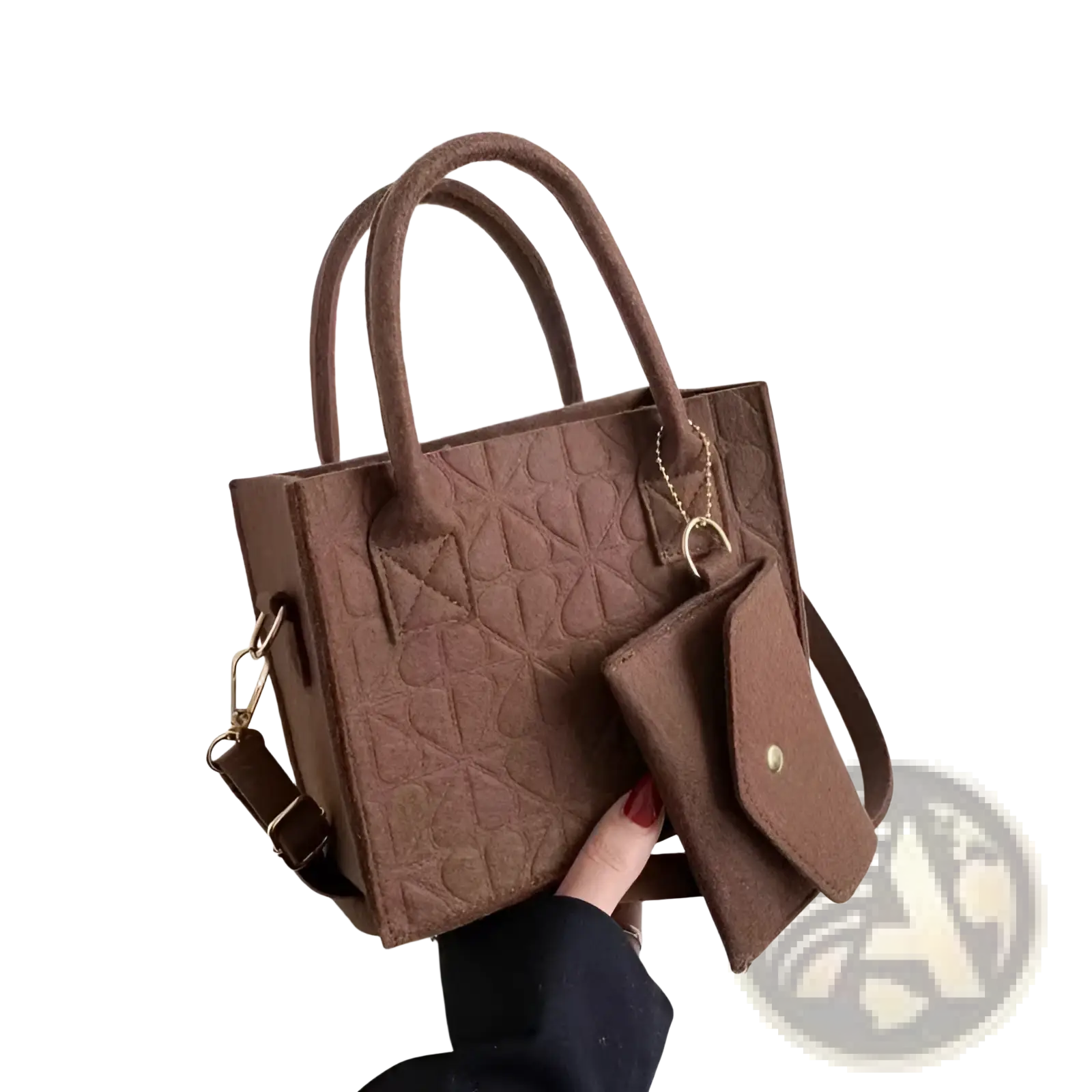 Brown felt handbag set with matching wallet and strap featuring textured material and gold-tone hardware