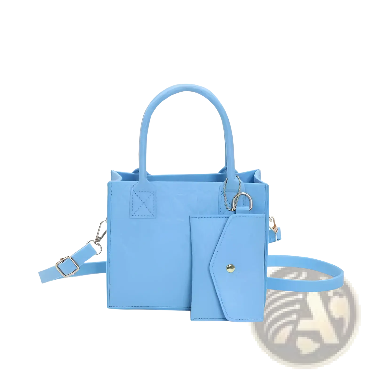 Light blue faux leather mini tote bag with detachable shoulder strap and matching coin purse felt handbag set