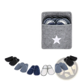 Gray felt travel slippers set with storage bag featuring a white star design holding six pairs of navy black and white slipper socks