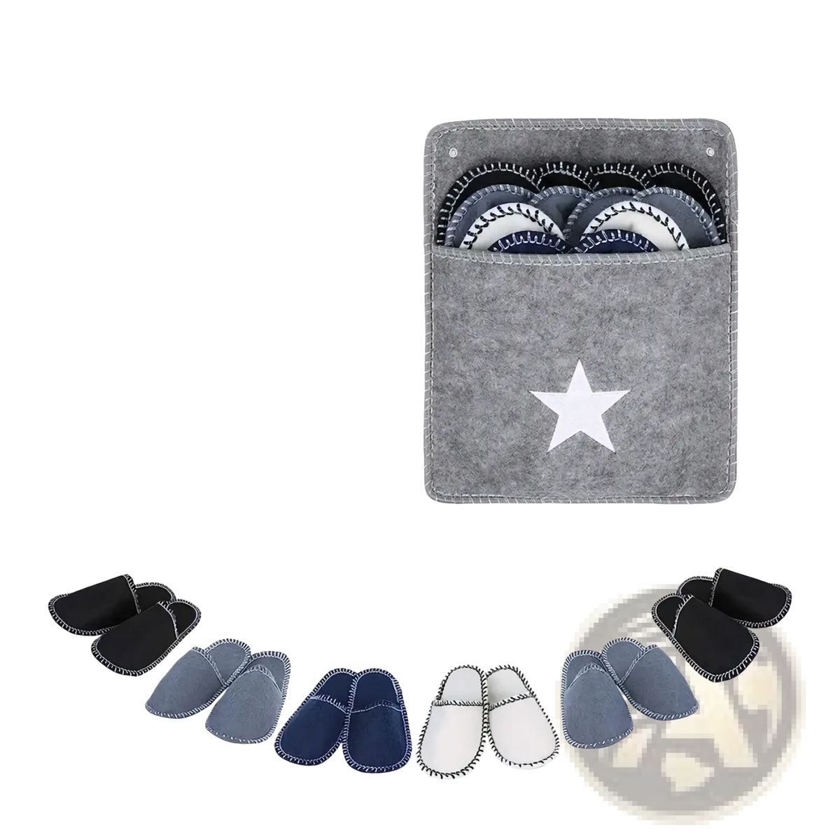 Gray felt travel slippers set with storage bag featuring a white star design holding six pairs of navy black and white slipper socks