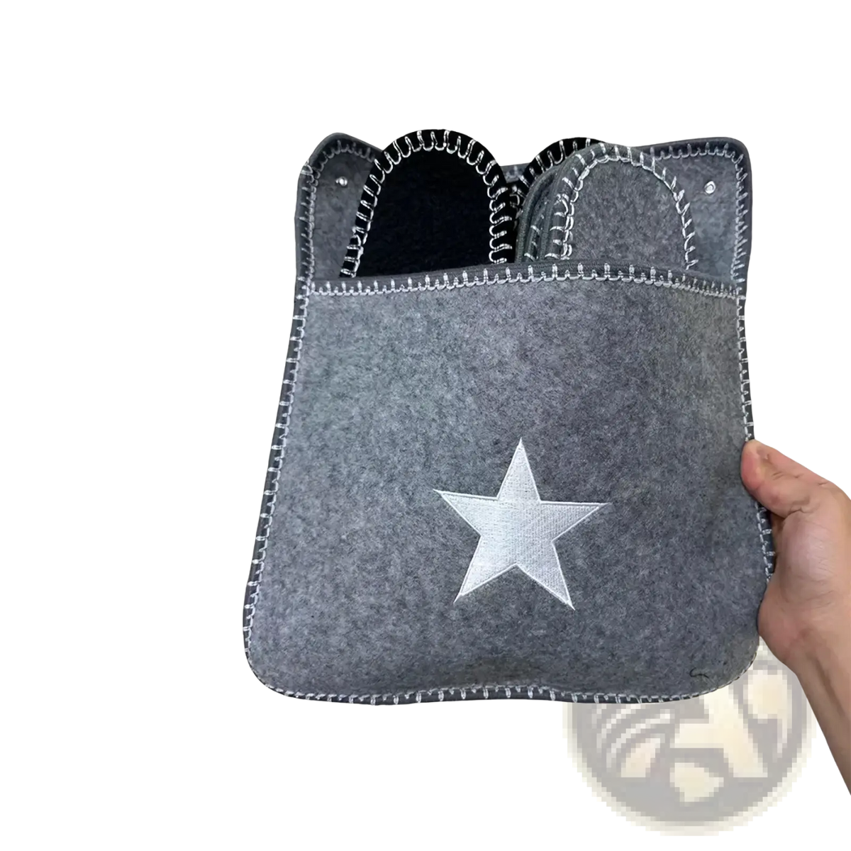 Gray felt shoe storage organizer with white star appliqué and black stitched edges in felt travel slippers set