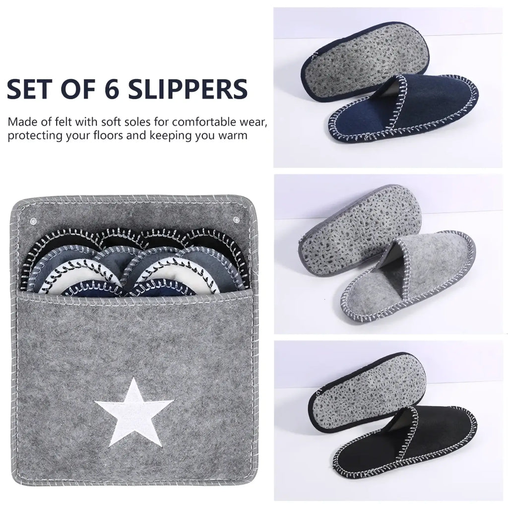 Gray felt travel slippers set with white star design soft soles in navy gray and black colors with storage bag