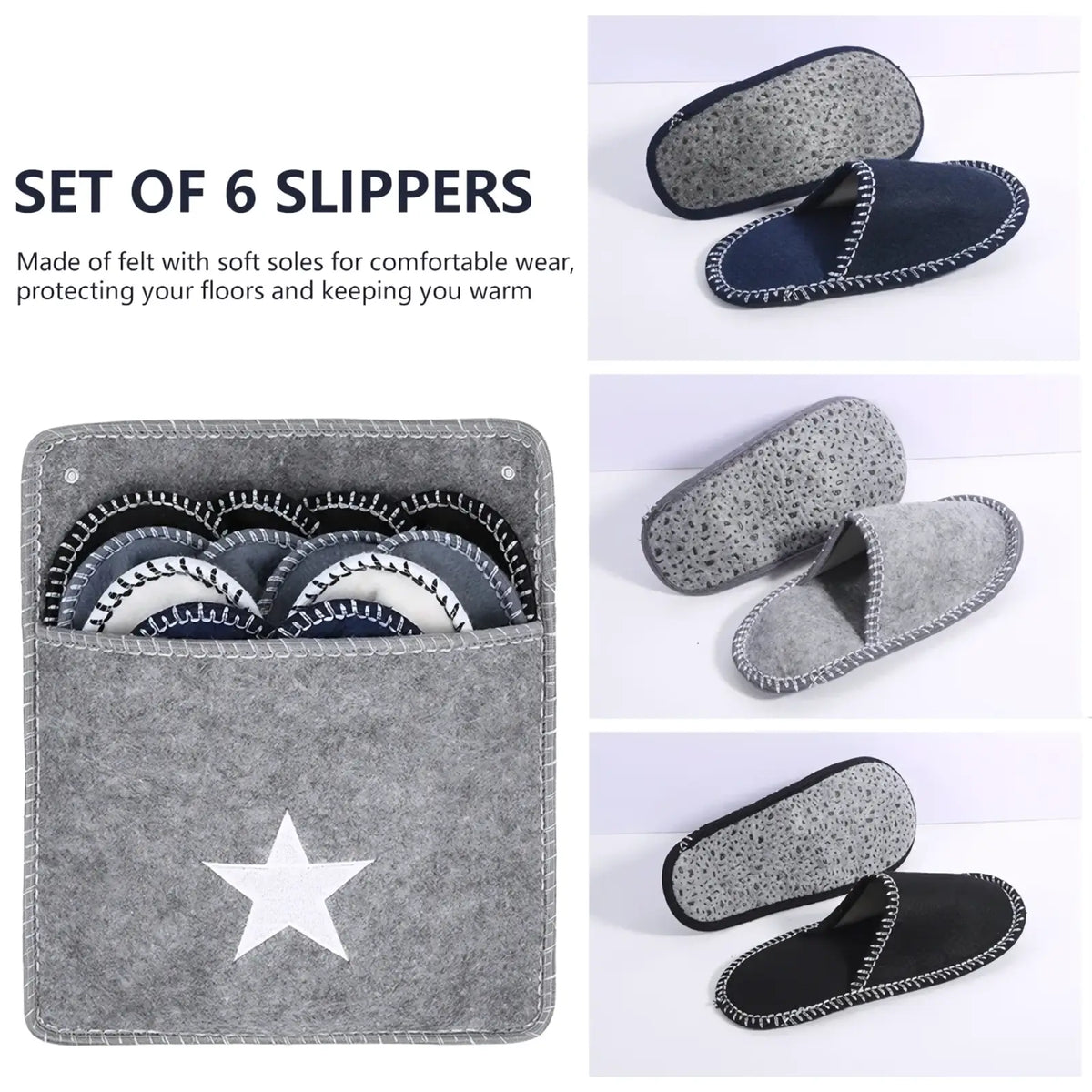 Gray felt travel slippers set with white star design soft soles in navy gray and black colors with storage bag