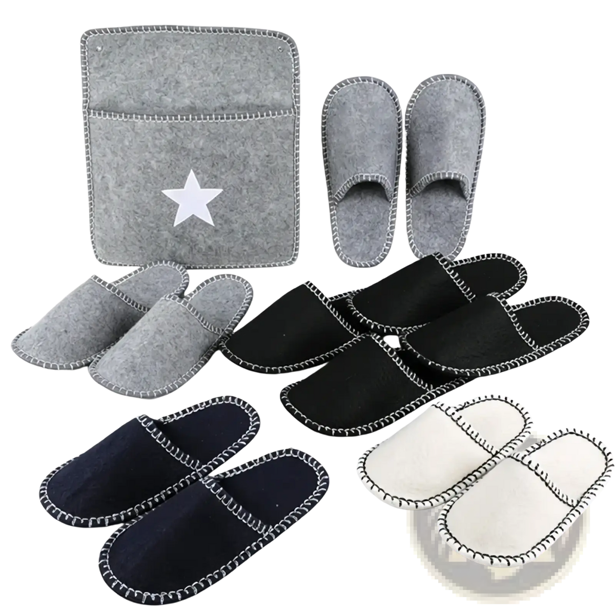 Gray felt travel slippers set with white star patch and stitched edges in gray black navy and cream colors with storage bag