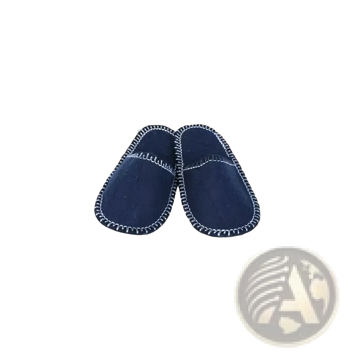 Navy blue felt travel slippers with white stitching along edges and plush material with storage bag included