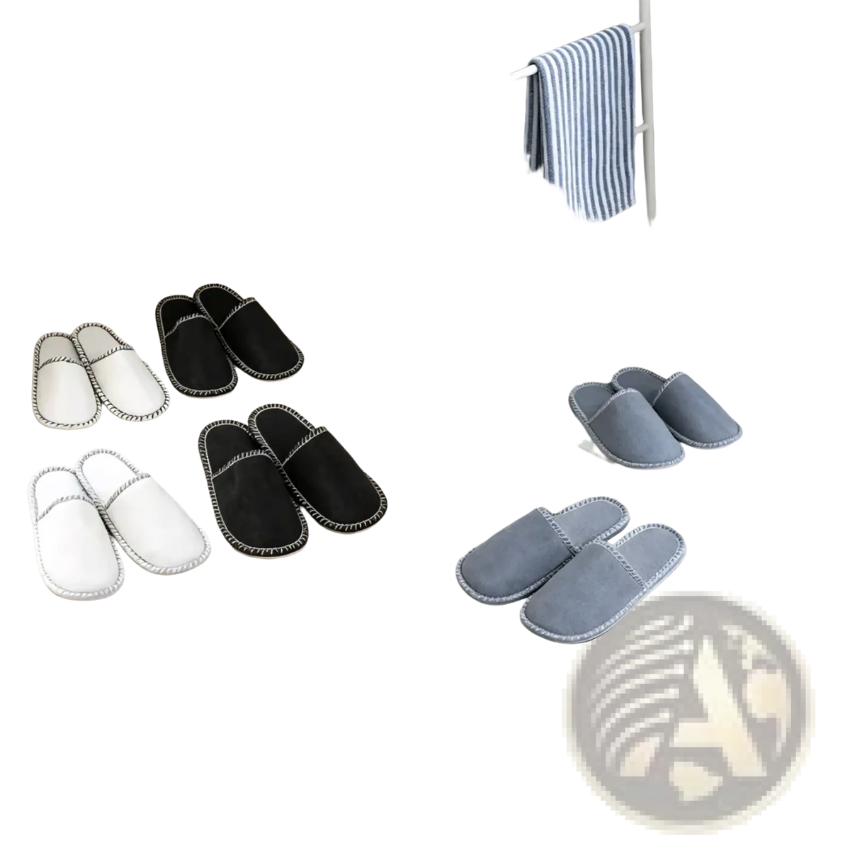 Felt travel slippers set with storage bag featuring soft plush slip-on slippers in white and black with stitched edges