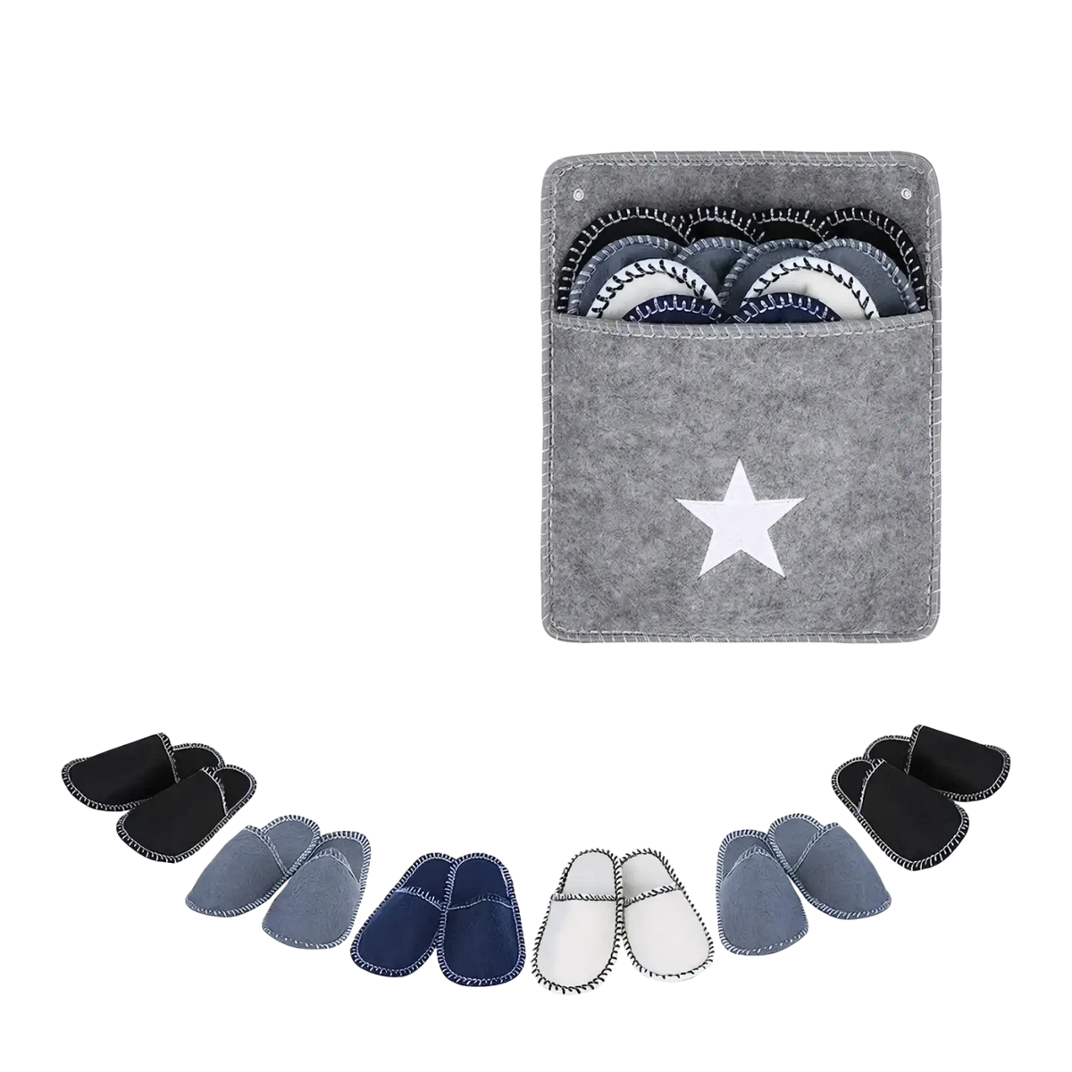 Gray felt travel slippers set with storage bag featuring a white star design holding six pairs of navy black and white slipper socks