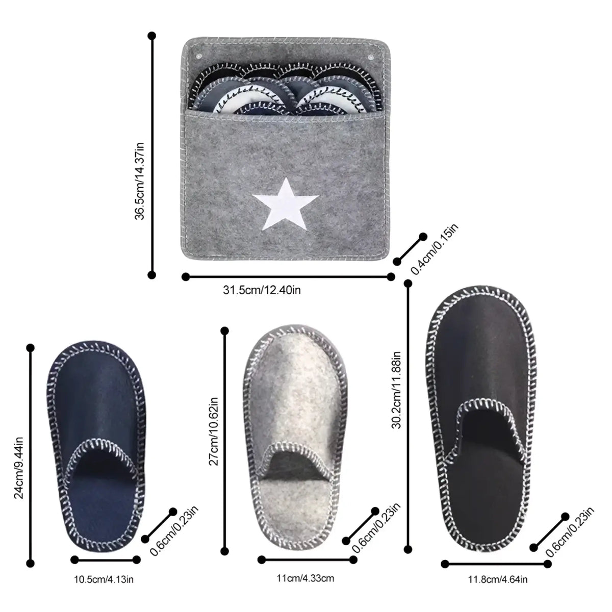 Gray felt travel slippers with white star design and stitched edges available in navy blue or gray with storage bag