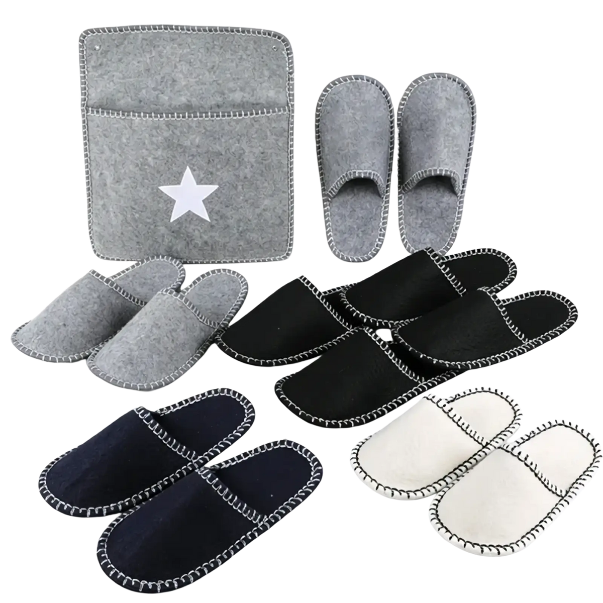 Gray felt travel slippers set with white star patch and stitched edges in gray black navy and cream colors with storage bag