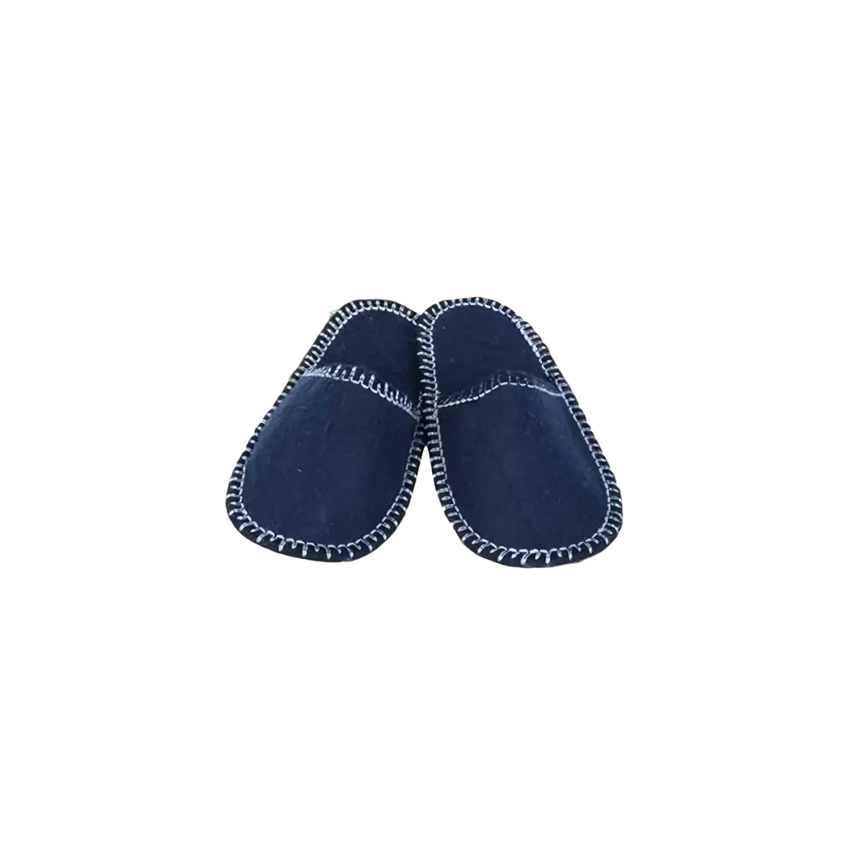 Navy blue felt travel slippers with white stitching along edges and plush material with storage bag included