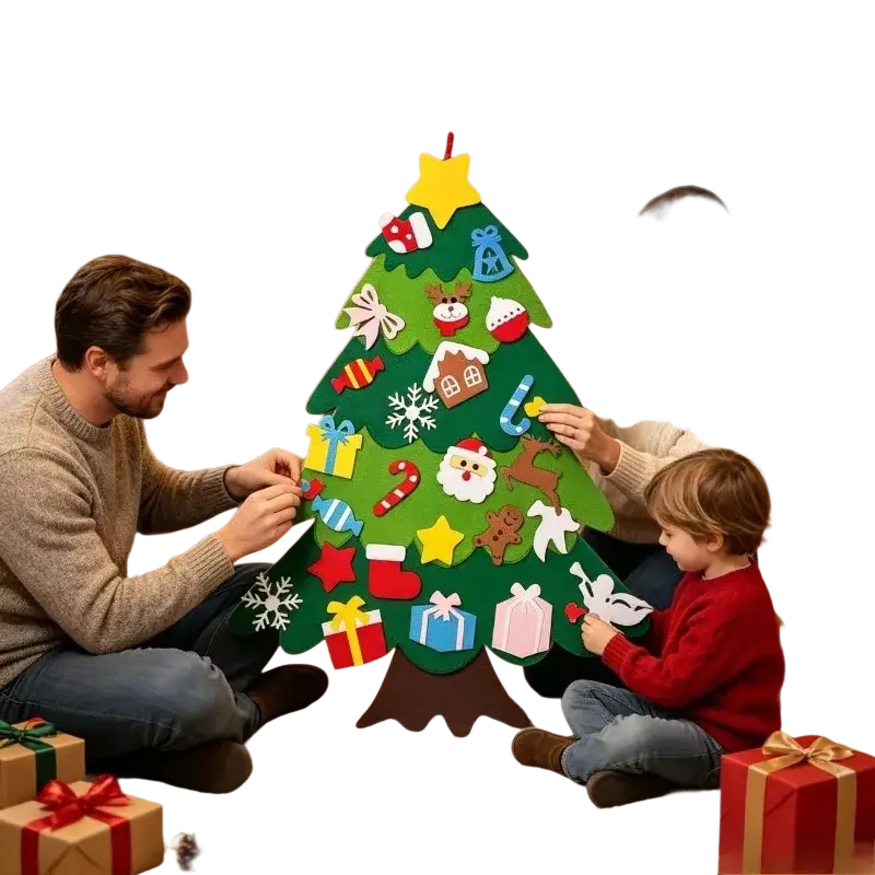 Green felt wall christmas tree with colorful removable cutout ornaments and yellow star on top