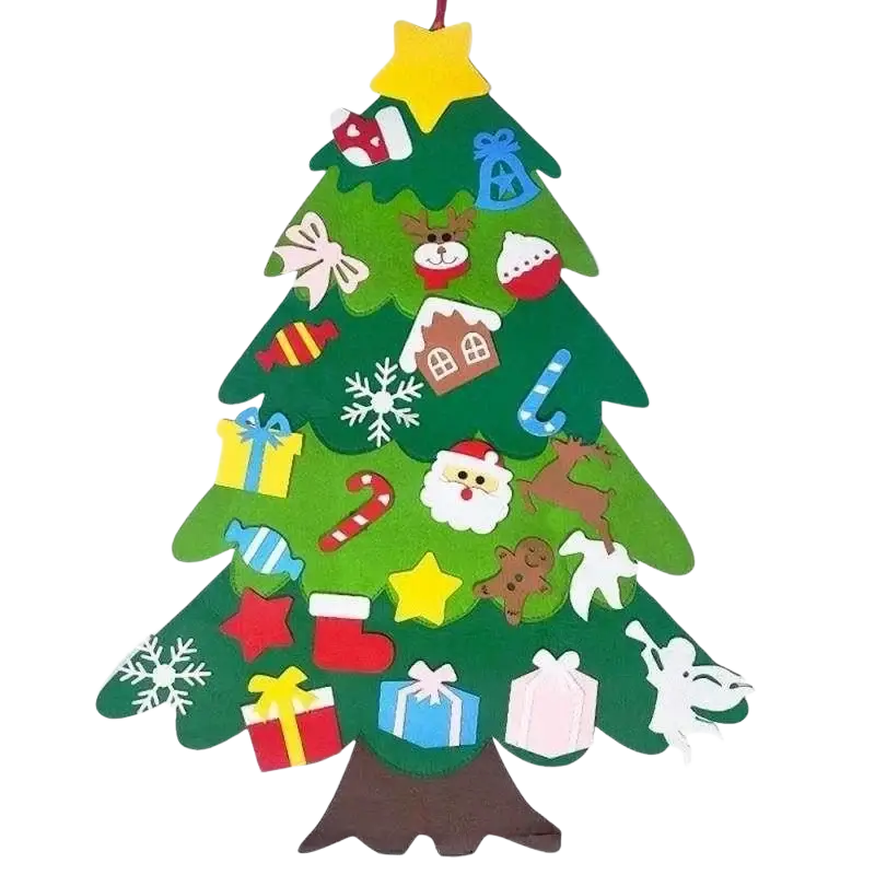 Green felt wall christmas tree decoration with colorful removable fabric ornaments including santa and reindeer