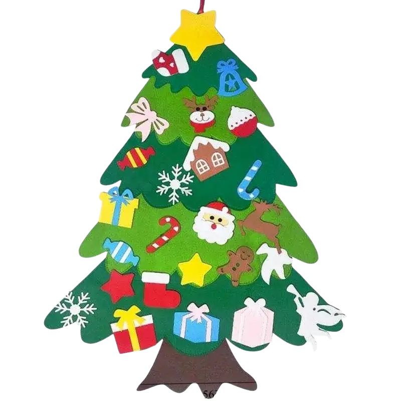 Green felt wall christmas tree with colorful removable fabric ornaments and a yellow star on top