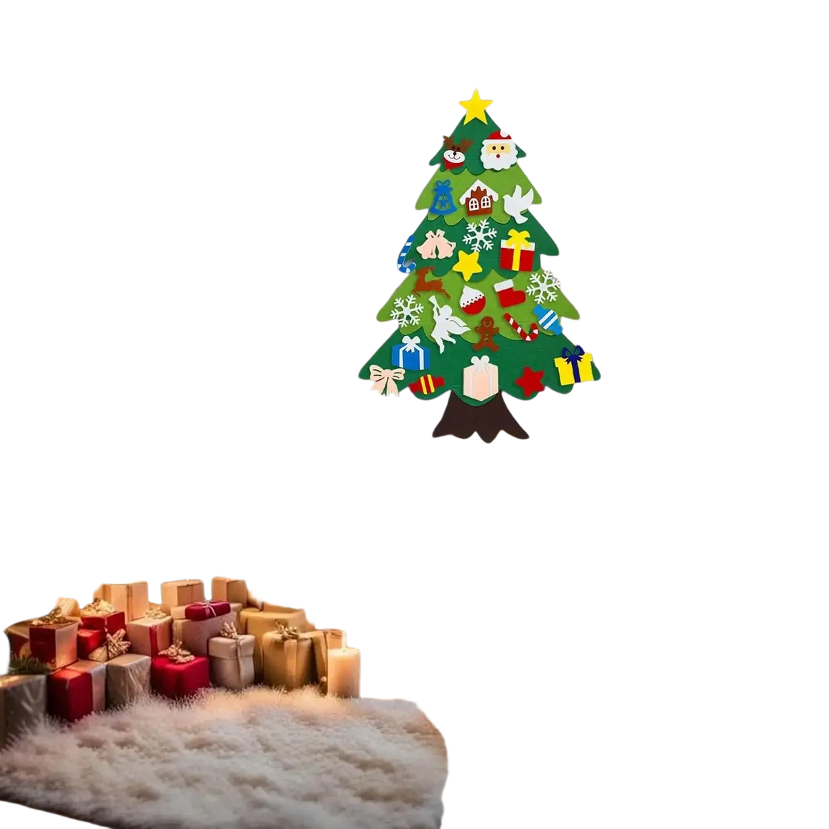 Green felt wall christmas tree decoration with colorful removable ornaments and yellow star on top