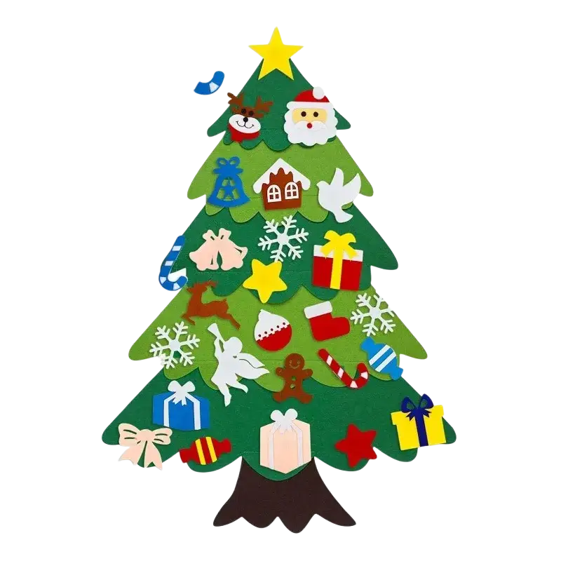 Felt wall christmas tree in green felt with colorful removable santa reindeer presents and snowflake ornaments