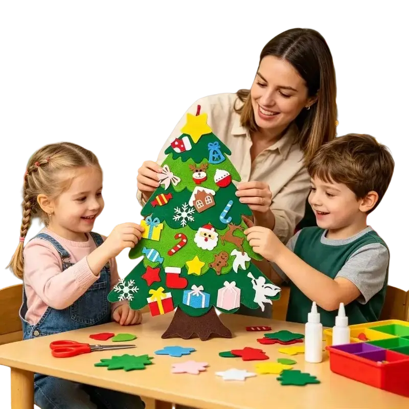 Green felt wall Christmas tree with colorful removable cut-out ornaments and a brown felt base for holiday decor
