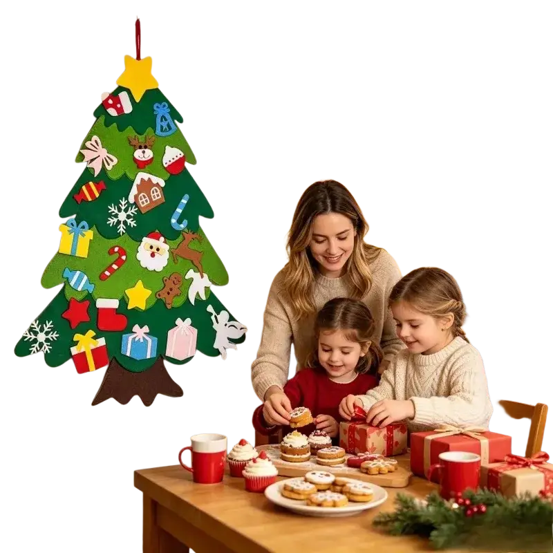 Green felt wall christmas tree with removable colorful fabric ornaments hanging on a door for holiday decor