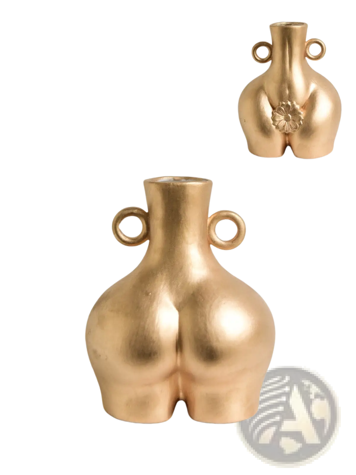Gold-colored ceramic female body vase shaped like stylized buttocks with two circular handles and floral base design back view