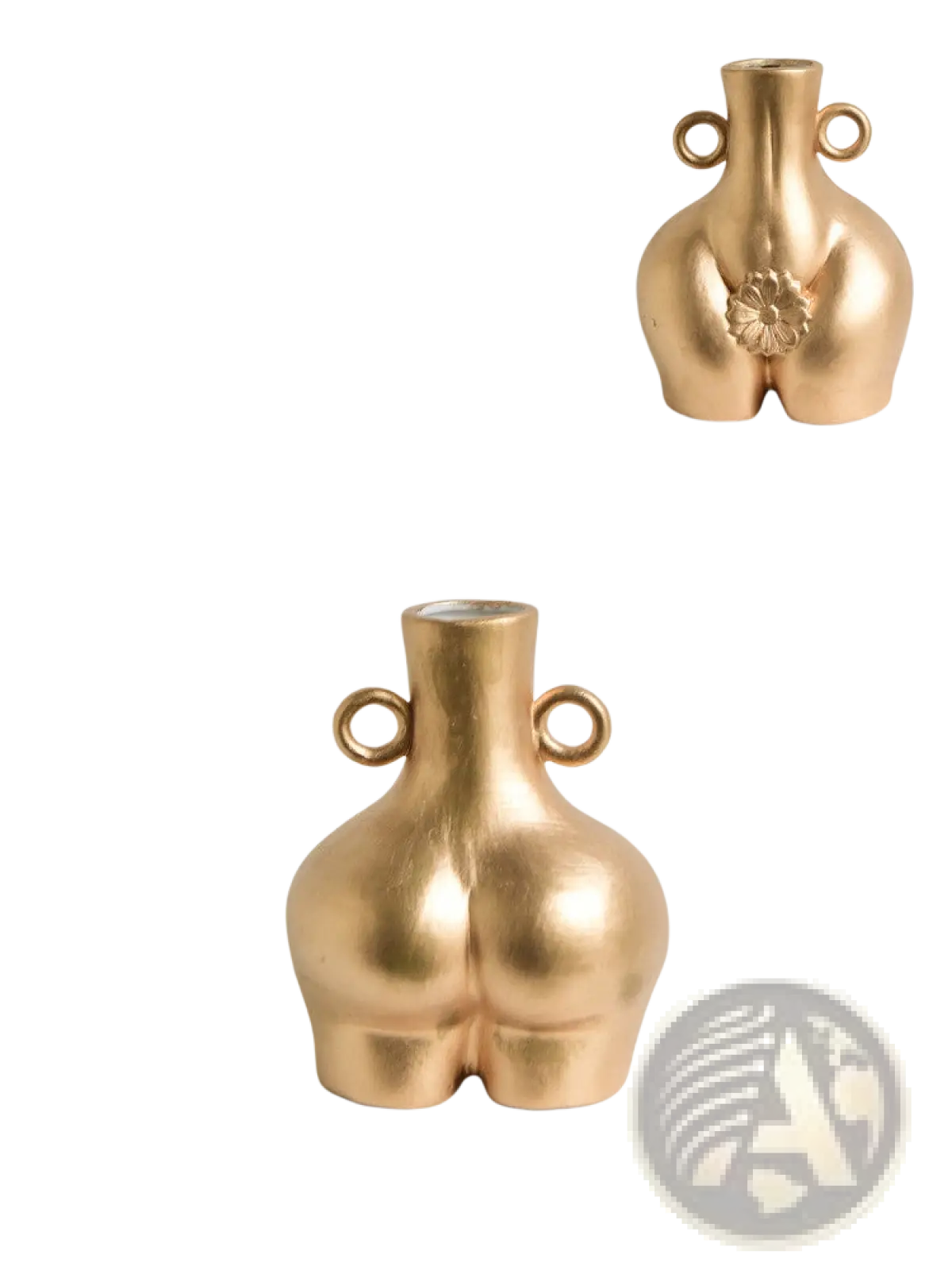 Gold-colored ceramic female body vase shaped like stylized buttocks with two circular handles and floral detail on rear view